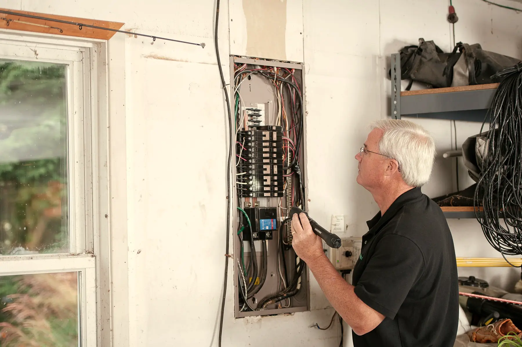 An electrician tests a circuit at an open service panel.